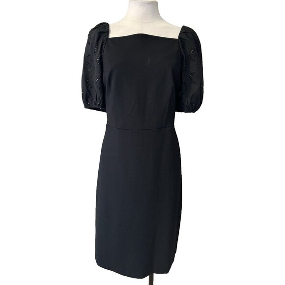 Ann Taylor Dress 14 Black Eyelet Short Sleeve Ponte Career Church NWT Washable - Picture 2 of 12
